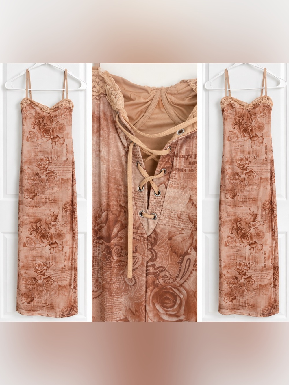 Stylish Lace-Trim Slip Dress - Tan Floral Print